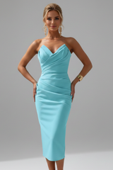 Damen Strapless Wrap-Front Midi Kleid – Türkis