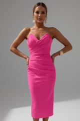 Damen Strapless Wrap-Front Midi Kleid – Magenta