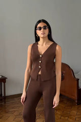 Damen Strick Set mit Ärmelloser Weste und Weitem Hosenbein – Braun