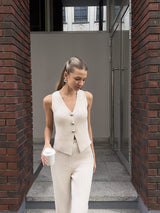 Damen Strick Set mit Ärmelloser Weste und Weitem Hosenbein – Weiß