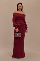 Damen Strick-Set mit Off-Shoulder-Ausschnitt Langen Ärmeln und Maxi-Rock – Burgunderrot