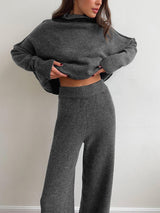 Damen Strick-Set mit Rollkragenpullover und weiter Hose – Grau
