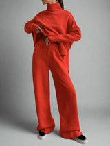 Damen Strick-Set mit Rollkragenpullover und weiter Hose – Rot