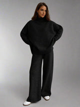 Damen Strick-Set mit Rollkragenpullover und weiter Hose – Schwarz