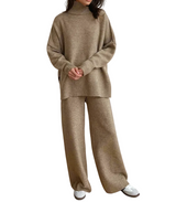 Damen Strick-Set mit Rollkragenpullover und weiter Hose – Beige