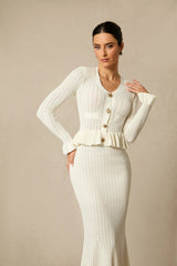 Damen Strick-Set mit V-Ausschnitt Peplum-Saum und Langen Ärmeln – Weiß