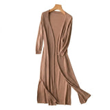 Damen-Strickjacke in langer Form mit offener Vorderseite und Seitenschlitzen – Braun