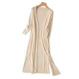 Damen-Strickjacke in langer Form mit offener Vorderseite und Seitenschlitzen – Beige