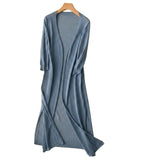 Damen-Strickjacke in langer Form mit offener Vorderseite und Seitenschlitzen – Blau