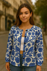 Damen Strickjacke mit floralem Muster und Knopfleiste – Blau