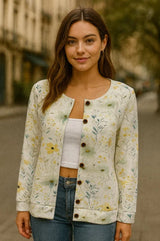 Damen Strickjacke mit floralem Muster und Knopfleiste – Weiß