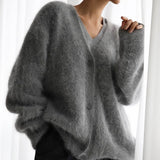 Damen Strickjacke mit V-Ausschnitt und Knöpfen – Grau