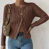 Damen Strickjacke mit Knopfleiste und Zopfmuster – Braun