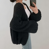 Damen Strickjacke mit offener Front langen Ärmeln und Grobstrickoberfläche – Schwarz
