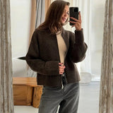 Damen Strickjacke mit Reißverschluss Stehkragen und langen Ärmeln – Braun