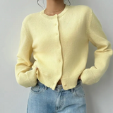 Damen Strickjacke mit Rundausschnitt Durchgehender Knopfleiste Langen Ärmeln mit Rippbündchen auf Taillenlänge – Gelb