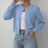 Damen Strickjacke mit Rundausschnitt Durchgehender Knopfleiste Langen Ärmeln mit Rippbündchen auf Taillenlänge – Hellblau