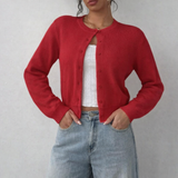 Damen Strickjacke mit Rundausschnitt Durchgehender Knopfleiste Langen Ärmeln mit Rippbündchen auf Taillenlänge – Rot