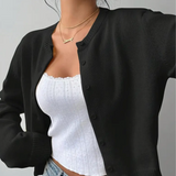 Damen Strickjacke mit Rundausschnitt Durchgehender Knopfleiste Langen Ärmeln mit Rippbündchen auf Taillenlänge – Schwarz