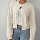 Damen Strickjacke mit Rundausschnitt Durchgehender Knopfleiste Langen Ärmeln mit Rippbündchen auf Taillenlänge – Weiß