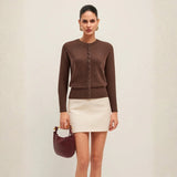 Damen Strickjacke mit Rundhalsausschnitt Knopfleiste und langen Ärmeln – Braun