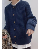 Damen Strickjacke mit Rundhalsausschnitt Knopfverschluss Ballonärmeln und Strukturmuster – Marineblau