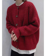 Damen Strickjacke mit Rundhalsausschnitt Knopfverschluss Ballonärmeln und Strukturmuster – Rot