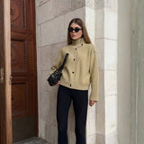 Damen Strickjacke mit Stehkragen Knopfleiste und langen Ärmeln – Beige