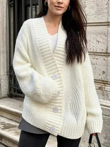 Damen Strickjacke mit V-Ausschnitt Knopfleiste und Strukturiertem Strickmuster – Weiß