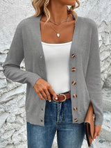 Damen Strickjacke mit V-Ausschnitt Knopfverschluss Langen Ärmeln und Gerippten Bündchen – Grau