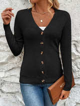 Damen Strickjacke mit V-Ausschnitt Knopfverschluss Langen Ärmeln und Gerippten Bündchen – Schwarz