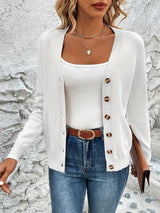 Damen Strickjacke mit V-Ausschnitt Knopfverschluss Langen Ärmeln und Gerippten Bündchen – Weiß