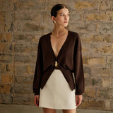 Damen Strickjacke mit V-Ausschnitt Knopfverschluss und langen Ärmeln – Braun