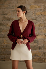 Damen Strickjacke mit V-Ausschnitt Knopfverschluss und langen Ärmeln – Burgund