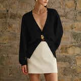Damen Strickjacke mit V-Ausschnitt Knopfverschluss und langen Ärmeln – Schwarz