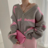 Damen-strickjacke mit v-ausschnitt knopfverschluss und streifen – Grau