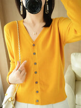 Damen Strickjacke mit V-Ausschnitt und Knopfleiste – Gelb