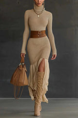 Damen Strickkleid mit Rollkragen Langen Ärmeln Gerippter Oberfläche und Volantsaum – Beige