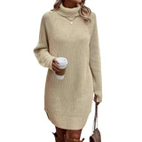 Damen Strickkleid mit Rollkragen und Rippbund – Beige