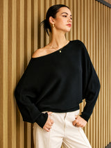 Damen Strickpullover mit asymmetrischem Schulterausschnitt und Fledermausärmeln – Schwarz