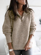 Damen Strickpullover mit Halbem Reißverschluss – Beige