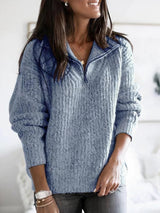 Damen Strickpullover mit Halbem Reißverschluss – Blau