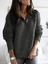 Damen Strickpullover mit Halbem Reißverschluss – Dunkelgrau