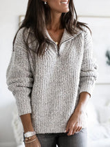 Damen Strickpullover mit Halbem Reißverschluss – Grau