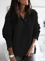Damen Strickpullover mit Halbem Reißverschluss – Schwarz
