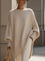 Damen Strickpullover mit Rundhalsausschnitt und Fledermausärmeln sowie Rippstricksaum – Beige