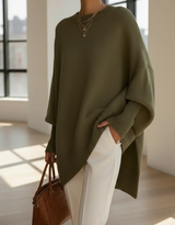 Damen Strickpullover mit Rundhalsausschnitt und Fledermausärmeln sowie Rippstricksaum – Olivgrün