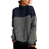 Damen Strickpullover mit Stehkragen und Zickzackmuster – Marineblau