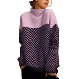 Damen Strickpullover mit Stehkragen und Zickzackmuster – Lila
