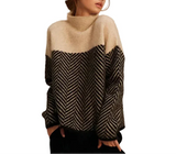 Damen Strickpullover mit Stehkragen und Zickzackmuster – Beige